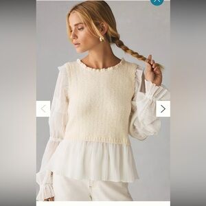 Anthropologie Ruffle Twofer Sweater Blouse Victorian Secretary Lace Woman's L